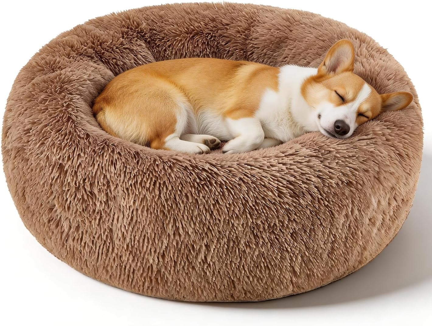 Premium Round Donut Calming Bed for Dogs and Cats - Washable Anti-Slip Faux Fur Cuddler (28" Khaki)