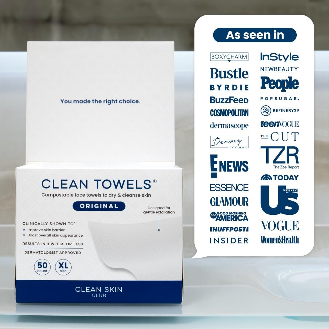 Clean Skin Club XL® Biobased Face Towels, 100% USDA Certified, Disposable Makeup Remover Wipes, Eczema Association Approved, Ultra Soft, 50 Count Pack