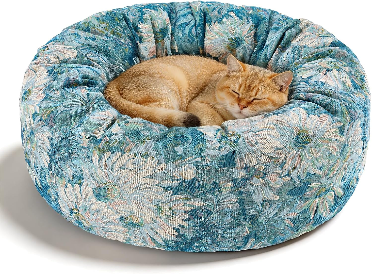 Premium Round Donut Calming Bed for Dogs and Cats - Washable Anti-Slip Faux Fur Cuddler (28" Khaki)