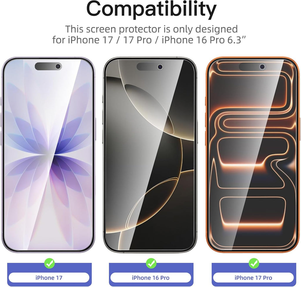 NEW'C 3 Pack Designed for Iphone 17, 17 Pro, Iphone 16 Pro Screen Protector (6.3 Inches), Enhanced Tempered Glass Protection with Easy Installation Tool Included,Case Friendly Ultra Resistant
