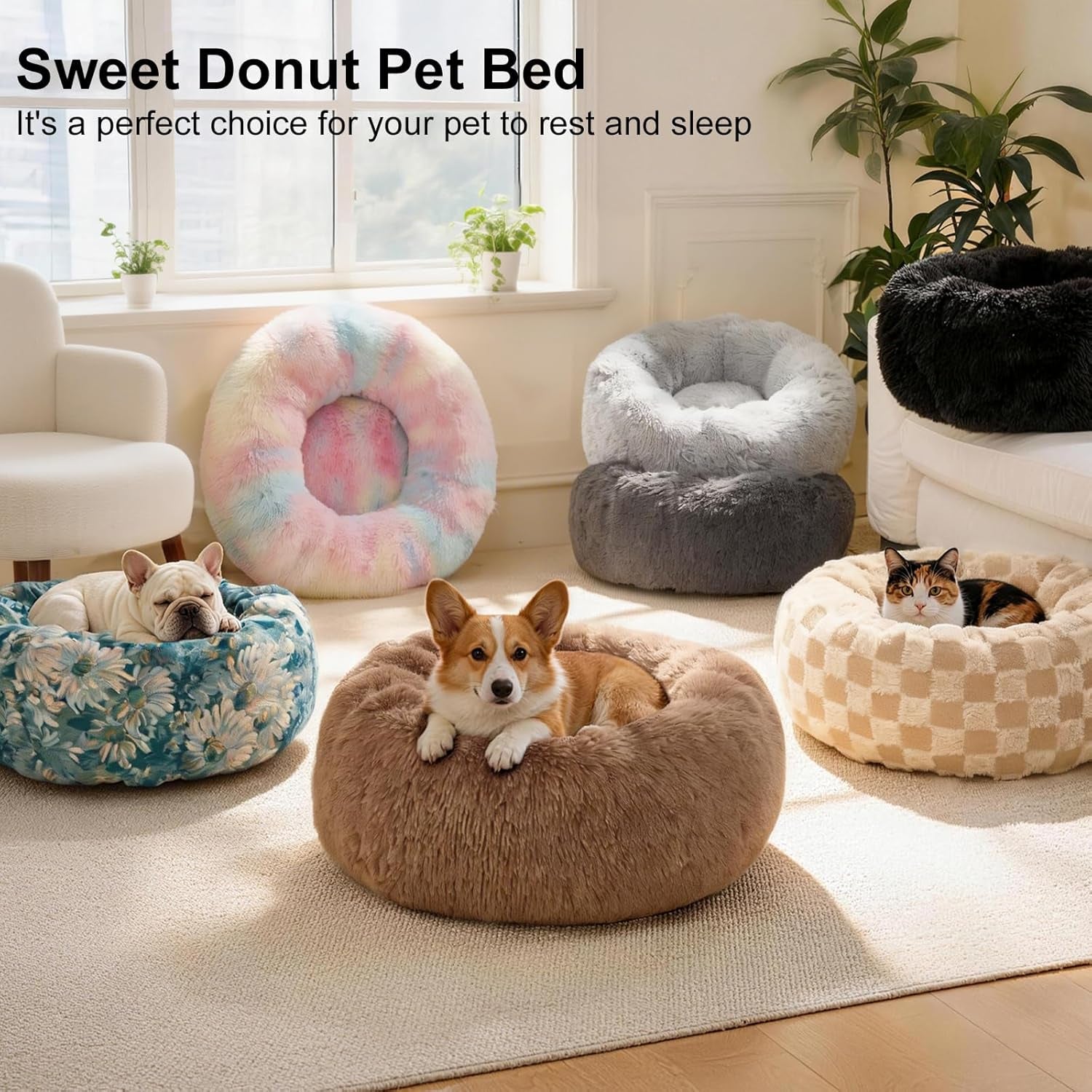Premium Round Donut Calming Bed for Dogs and Cats - Washable Anti-Slip Faux Fur Cuddler (28" Khaki)