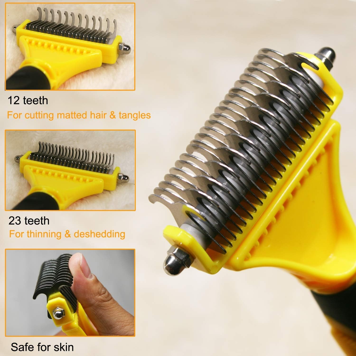 Professional Pet Dematting Comb - Dual-Sided Undercoat Rake for Cats and Dogs - Safe Grooming Tool for Effortless Mat and Tangle Removal - Ideal for Medium to Long Haired Breeds - Yellow