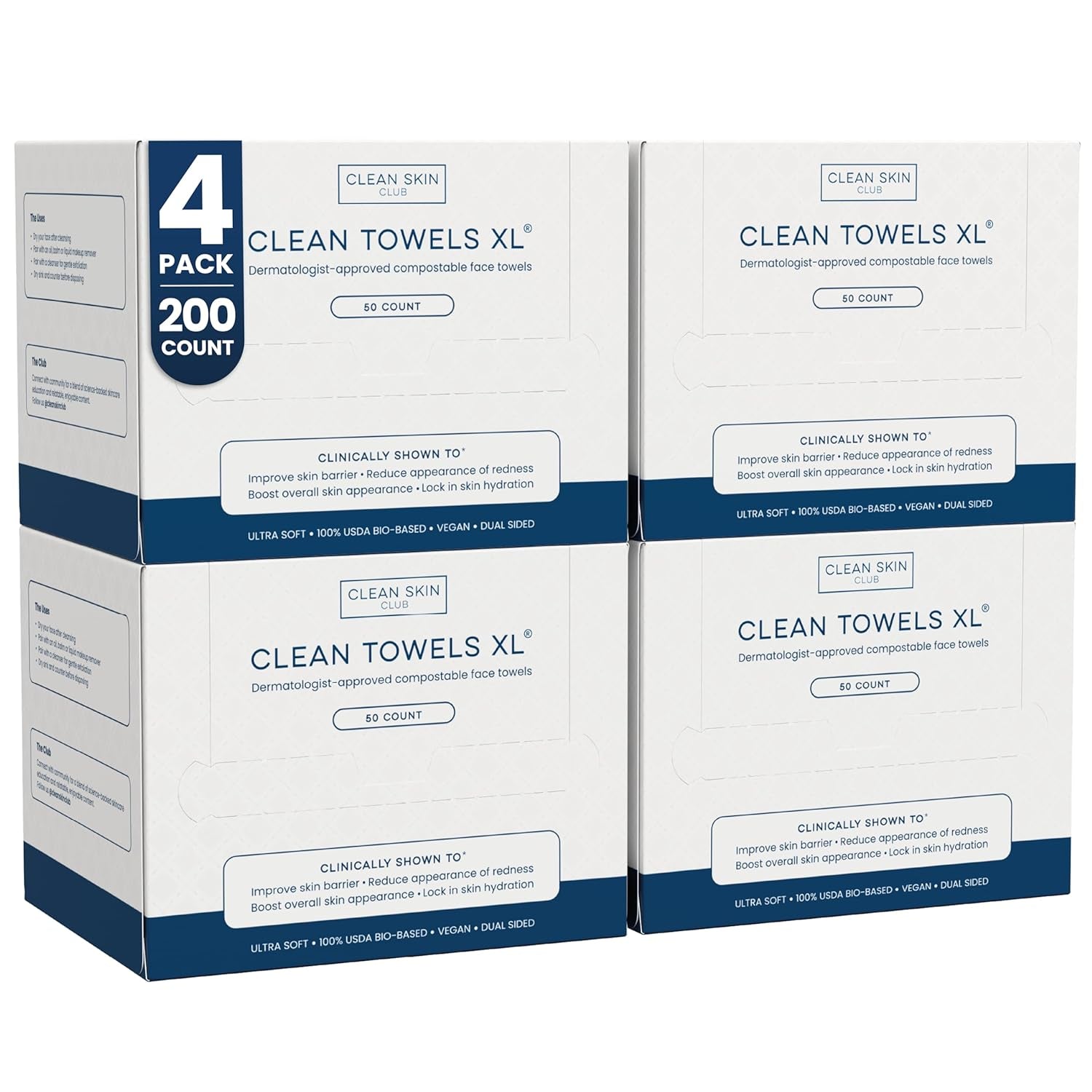 Clean Skin Club XL® Biobased Face Towels, 100% USDA Certified, Disposable Makeup Remover Wipes, Eczema Association Approved, Ultra Soft, 50 Count Pack