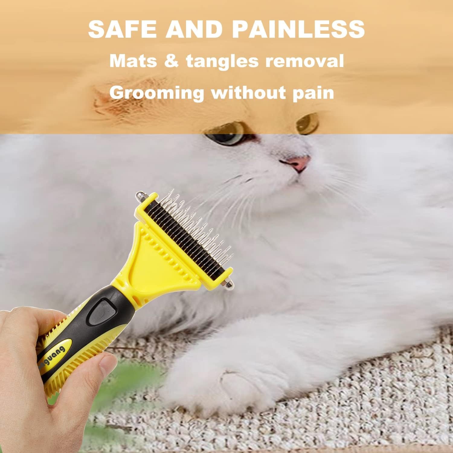 Professional Pet Dematting Comb - Dual-Sided Undercoat Rake for Cats and Dogs - Safe Grooming Tool for Effortless Mat and Tangle Removal - Ideal for Medium to Long Haired Breeds - Yellow