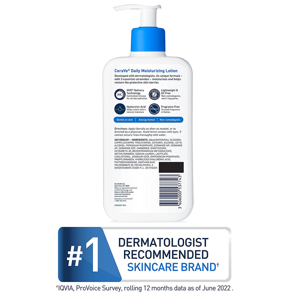 Cerave Daily Moisturizing Lotion for Dry Skin, Body Lotion & Face Moisturizer with Hyaluronic Acid and Ceramides, Daily Moisturizer, Fragrance Free, Oil-Free, 19 Ounce